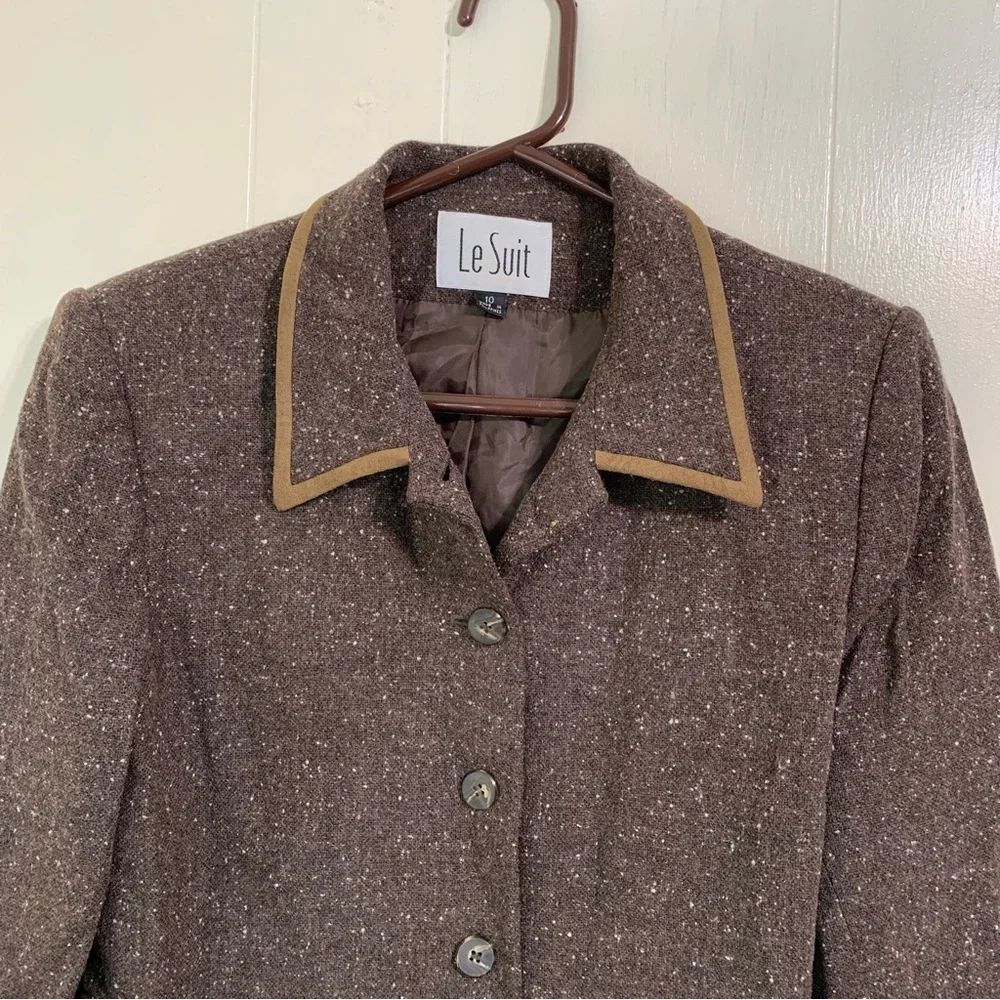 Le Suit Formal Classic Brown Wool Tweed Button Closure Blazer Suit Size 10.